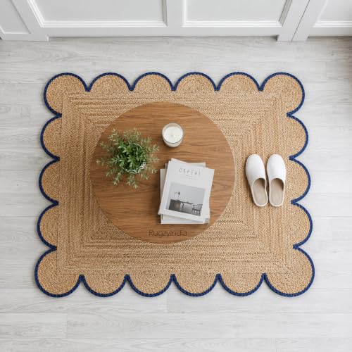 Scalloped Natural Jute Area Rug Natural Base Navy Blue Trim (2'x3' / Navy)