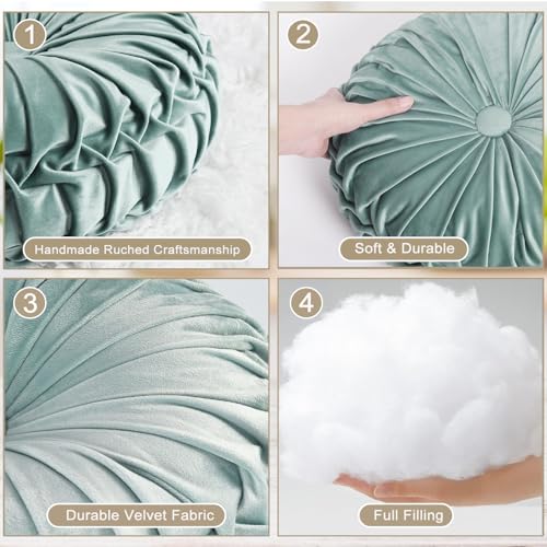 Set of 2 Aqua Velvet Decorative Round Pleated Throw Pillows (Aqua)