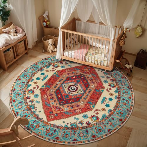 4ft Washable Non Slip Round Boho Area Rug for Bedroom (Orange/Multi / 4' (Round))