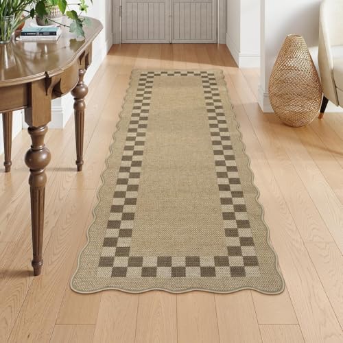 Easy Jute Checkered Runner Rug for Kitchen (2‘ x 6’ / Tan/Checkered)