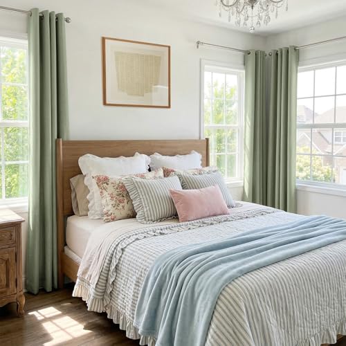 100% Blackout Linen Curtains 96 Inch Long 2 Panels Set (Eden | Sage Green / 50"W x 96"L (Pack of 2))