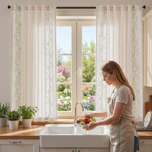 Floral Linen Curtains 63 Inch Farmhouse Back Tab 2 Panels (Vine | Sage / 50"W x 63"L (Pack of 2))