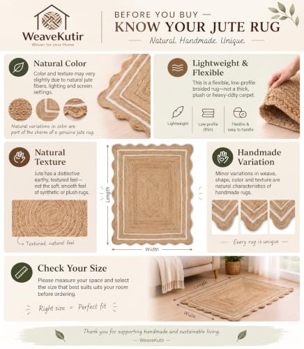 Scalloped Natural Jute Rug Easy Clean Durable Handwoven Rug for Living Room (Off-white / 8x12 Feet)