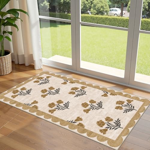 Front Door Mat Indoor Entrance (Flower - Beige / 2' x 4'3" (Rectangular))