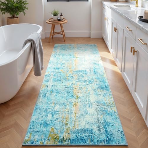 2x6 Teal Blue Rug Runners for Hallways Kitchen Runner Rug Non Slip Washable Long Runner Rugs with Rubber Backing Soft Abstract Carpet Runner for Bedroom (Teal Blue / 2' x 6' (Runner))
