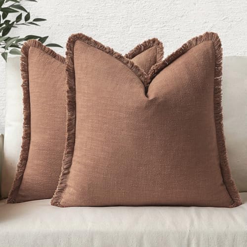 Linen Fringe Decorative Fall Euro Throw Pillow Covers Brick 22x22 (22" x 22" (Pack of 2) / Brick)