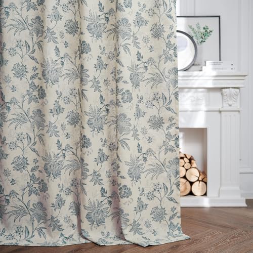 Blue Floral Linen Curtains 84 Inch Vintage Back Tab 2 Panels (*Jacobean Blue on Beige / 50"W x 84"L (Pack of 2))