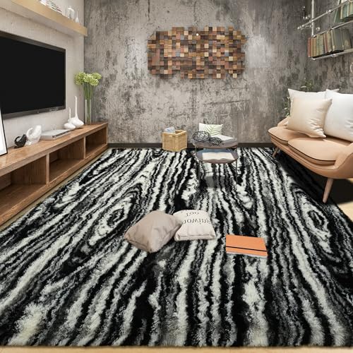 Fluffy Large Rugs for Living Room Shag Area Rug 6x9 for Bedroom (Black White / 6' X 9' (Rectangular))