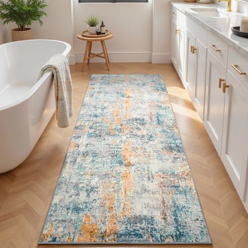Runner Rug for Kitchen Hallways Runner Rug Non Slip 2'6''x8' Washable Blue Long Runner Rugs with Rubber Backing Soft Abstract Carpet Runner for Entryway (Blue / 2'6" x 8' (Runner))
