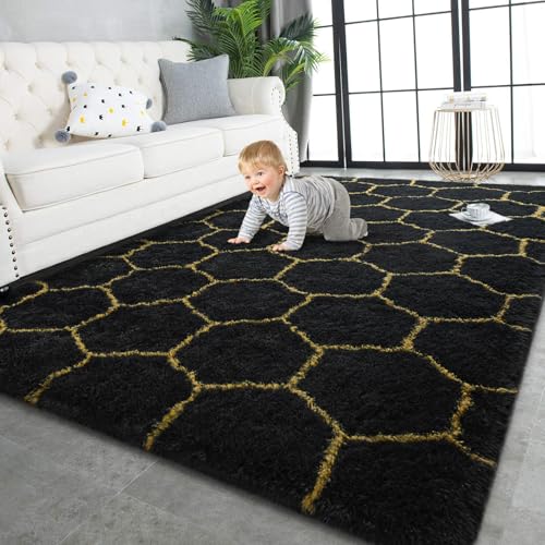 Super Soft Shaggy Rugs Fluffy Carpets (4' x 6' (Rectangular) / Black Gold)