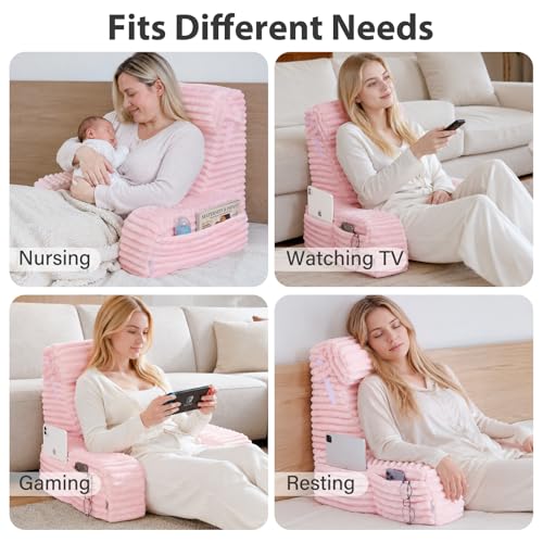 22" XL Back Pillow for Bed Sitting Up with Armrests & Big Pockets (Pink / XL(5'3"-5'11"))