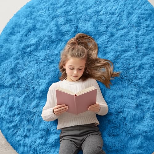 Bright Blue Round Rugs for Bedroom (5 Ft Round / Bright Blue)
