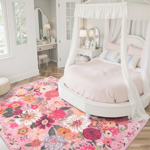 Pink Floral Area Rug 5x7 for Living Room Bedroom (Pink / 5' x 7' (Rectangular))