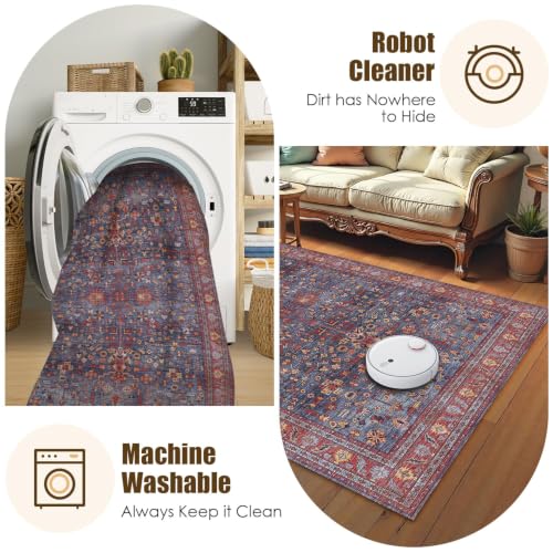 Washable Area Rug 3' x 5 ' Vintage Traditional Persian Mat (Indigo and Crimson / 3' x 5' (Rectangular))