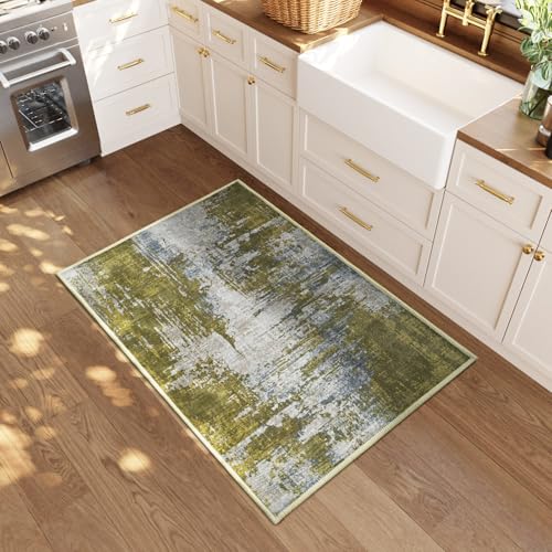 Entrance Rugs Indoor 2x3 Green Entry Rug Washable Abstract Small Area Rug Non (Green / 2' x 3' (Rectangular))