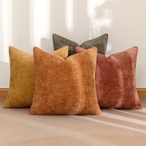 Decorative Chenille Fall Pillow Covers Orange Brown 20x20 Pack of 4 (20" x 20" (Pack of 4) / Orange/Yellow)