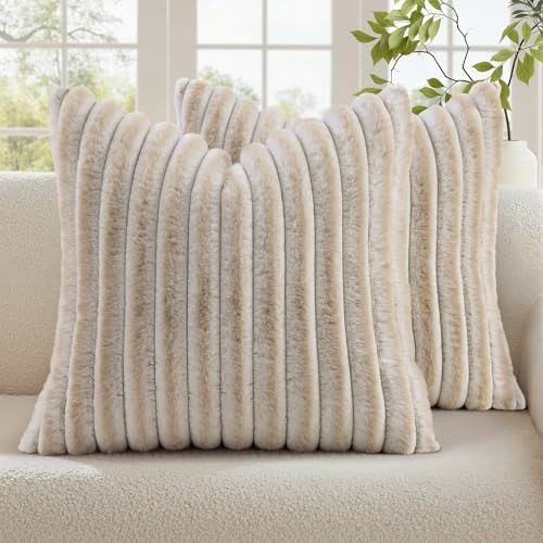 Fall Faux Fur Throw Pillow Covers 22x22 Set of 2 Beige White (Beige White / 22" x 22" (Pack of 2))