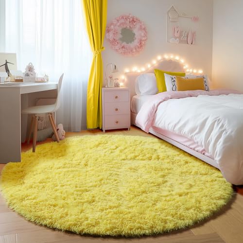 Yellow Fluffy Round Rug Circle Area Rugs 4ft for Girls Kids Teen Bedroom (Yellow / 4' (Round))