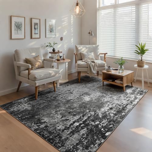 Living Room Rug 5x7 Black Area Rug Machine Washable Boho Carpet Non Slip Abstract Vintage Indoor Large Rugs for Bedroom (Black / 5' x 7' (Rectangular))