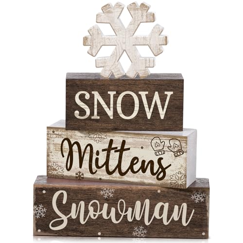 4 Pcs Wooden Snowman Block Signs Farmhouse Table Decoration (Snowflake Snowman)