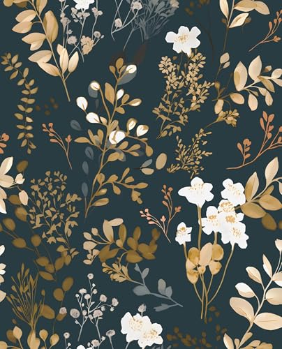 Vintage Dark Navy Gold Floral Peel and Stick Wallpaper 17.5"x118" (Blue&White / 118" x 17.5")