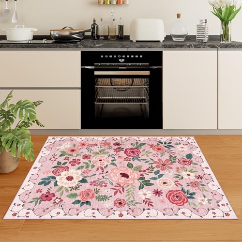 3x4 Area Rug Floral Washable Rug for Kitchen Non Slip (Pink / 3' x 4' (Rectangular))