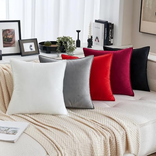 Christmas Decorative Bright Red Velvet Throw Pillow Covers 18x18 in (18" x 18" (Pack of 2) / Bright Red)