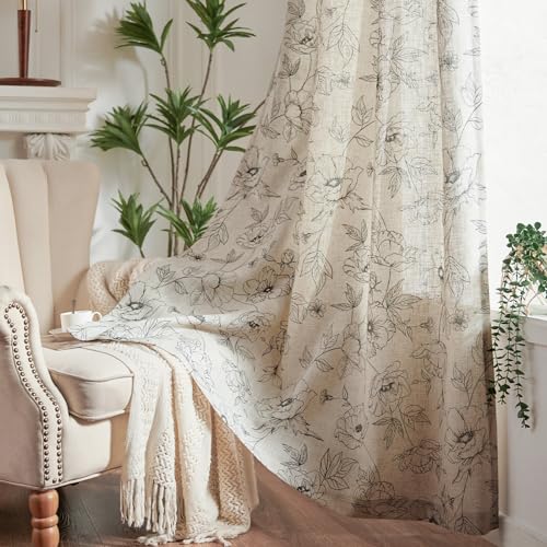 Linen Floral Curtains for Living Room 84 Inch Length Grey Flower Curtain Rod Pocket Back Tab Farmhouse Curtains with Printed Floral Bedroom Window Curtain Set (Penny Grey on Ecru / 50"W x 84"L (Pack of 2))
