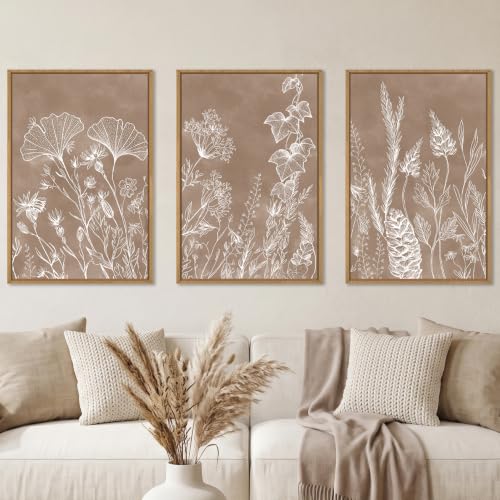 Vintage Brown Neutral Floral Framed Canvas Wall Art Set (Vintage Brown Floral Wall Art / 24"Lx36"W)