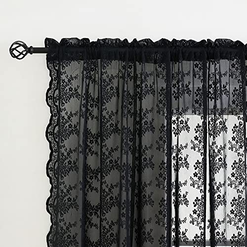 Vintage Lace Curtains 63 Inch Length (Black / 52"W x 63"L (Pack of 2))