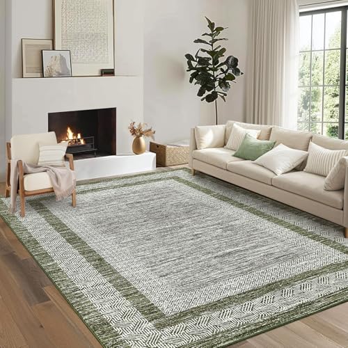 9x12 Large Modern Area Rug Bordered Non Shedding Floor Carpet (Green / 9' x 12' (Rectangular))