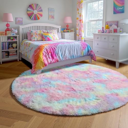 Rainbow Unicorn Large Round Rug 6Ft for Girls Bedroom Living Room (Rainbow / 6' (Round))