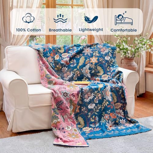 Boho Throw Blanket 60"x80" 100% Cotton Twin Floral Throw for Couch (Navy Garden / 60"x80")