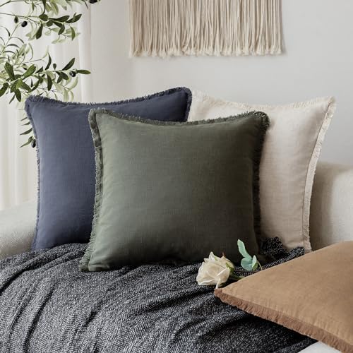 Decorative Linen Fringe Throw Pillow Covers 24×24 Dark Green (24" x 24" (Pack of 2) / Rifle Green)
