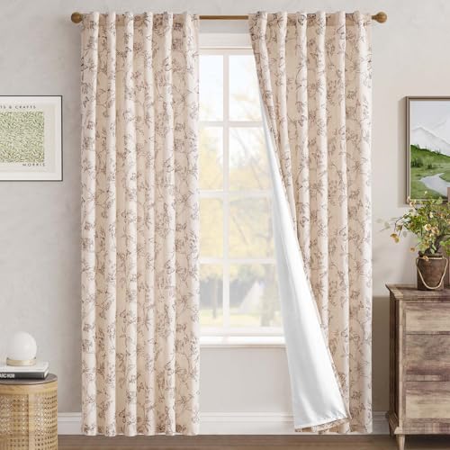 Taupe Floral Linen Curtains Lined 84 Inch Vintage Back Tab 2 Panels (Charlotte Taupe / 50"W x 84"L (Pack of 2))