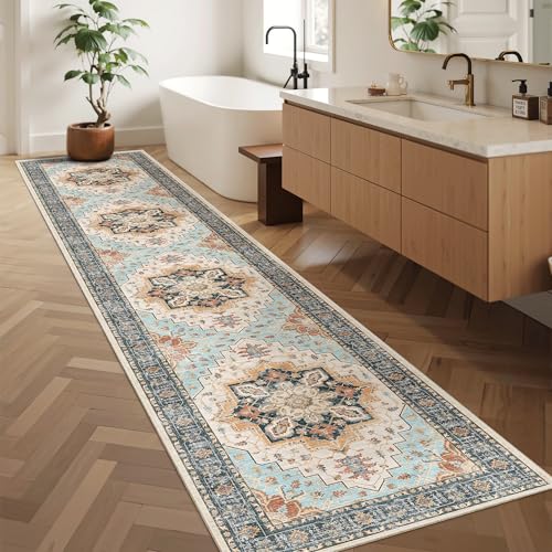 Washable Runner Rugs 2x10 Long for Hallway Kitchen (Orange/Blue / 2' x 10' (Runner))