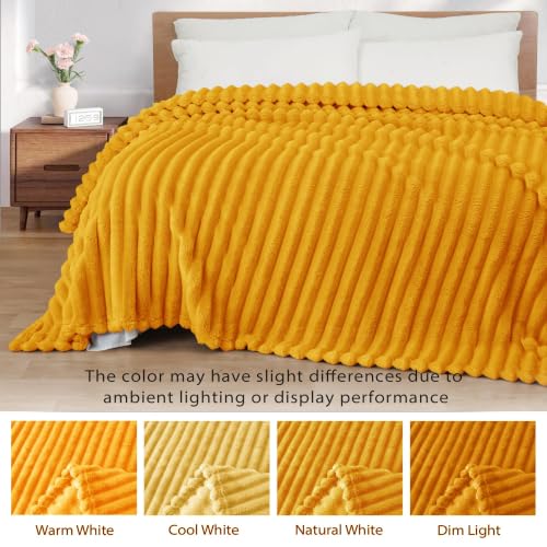Striped King Size Fleece Blanket for Bed (Mustard Yellow / King ( 90x104 IN ))