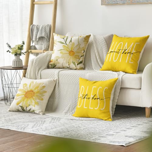Home Sweet Home Spring Summer Flowers Yellow Throw Pillow Covers (Yellow / 20" x 20" (Pack of 4))