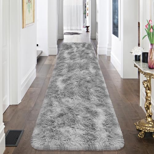 Super Soft Fluffy Living Room Area Rug 2x8 ft Tie (Tie-dyed Grey / 2' x 8' (Runner))