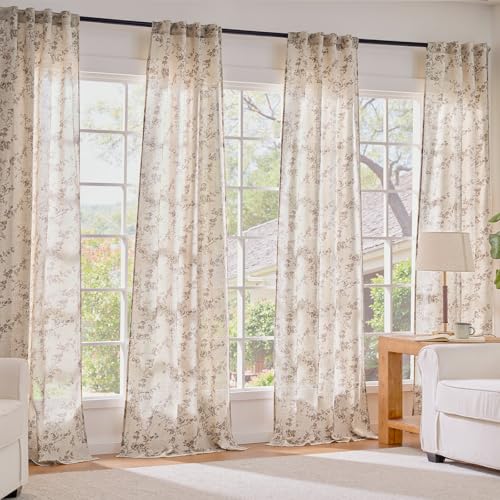 Extra Long Taupe Vintage Floral Linen Curtains Farmhouse 2 Panels (Taupe on Beige / 50"W x 108"L (Pack of 2))