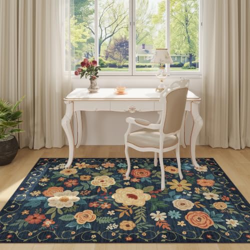 3x5 Area Rug Floral Washable Rug for Bedroom Non Slip (Navy Blue / 3' x 5' (Rectangular))