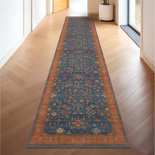 Navy Blue Washable Hallway Runner Rug 2x10 Non Slip Rugs for Kitchen (2' x 10' (Runner) / Blue / Terracotta)