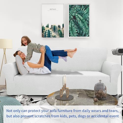 1 Piece Jacquard Couch Covers for 2 Cushion Couch High Stretch Loveseat Slipcover for Pets Dogs Anti Slip Love Seat Sofa Slipcover Furniture Protector (Medium (55"-69") / White)