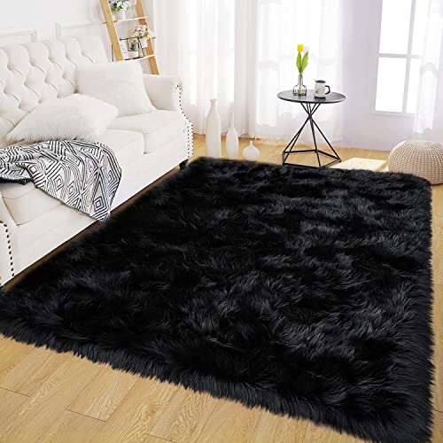 Shag Rug 6x9 Faux Fur Sheepskin Rug for Living Room (6' x 9' (Rectangular) / Black)