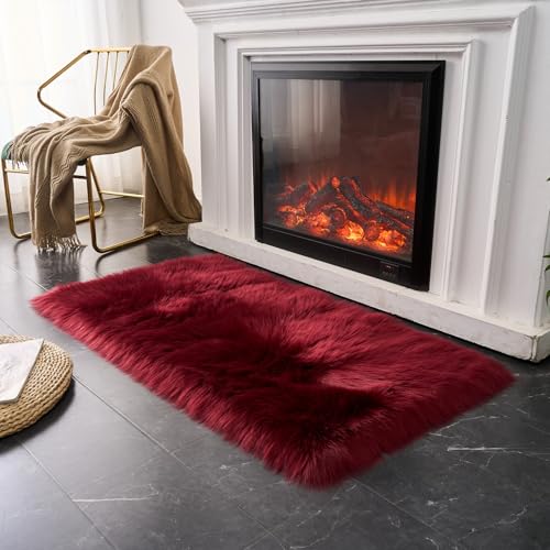 Ultra Soft Fluffy Shaggy Area Rug Faux Fur Rug Chair Cover Seat Pad Fuzzy Area Rug for Bedroom Floor Sofa Living Room (Burgundy / 2' x 4' (Rectangular))
