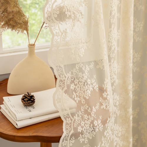 Vintage Lace Curtains 63 Inch Length Antique Chic Floral Beige Sheer Curtain Panels with Scalloped Edges for Bedroom Dining Room Rod Pocket French Country Crochet Drapes W52 X L63 2 Panels (Beige / 52"W x 63"L (Pack of 2))