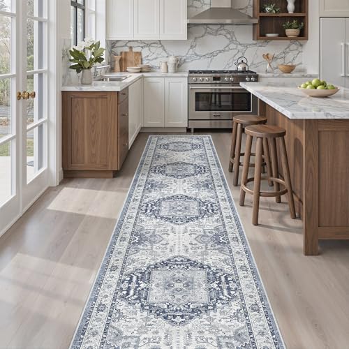 Washable Runner Rugs 2x12 Long for Hallway Kitchen Soft (Navy/White / 2' x 12' (Runner))