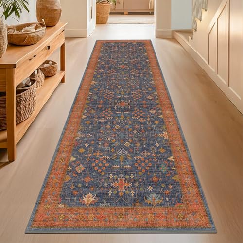 Washable 8 ft Long Runner for Kitchen Floor (2'6" x 8' (Runner) / Blue / Terracotta)