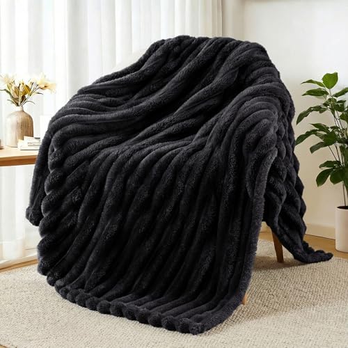 Striped Fleece Throw Blanket for Couch (Black / Throw ( 50x60 IN ))