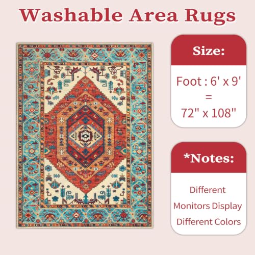 6x9 Washable Non Slip Boho Area Rug for Living Room (Orange/Multi / 6' x 9' (Rectangular))